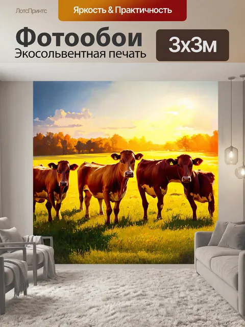 Фотообои телята и коровы на пастбище во время заката