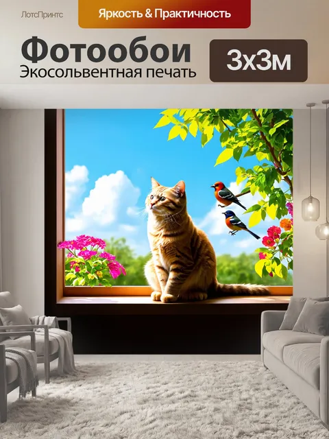 Фотообои с котом, который сидит на окне в солнечном свете, внимательно наблюдая за птичками на дереве, с яркими…