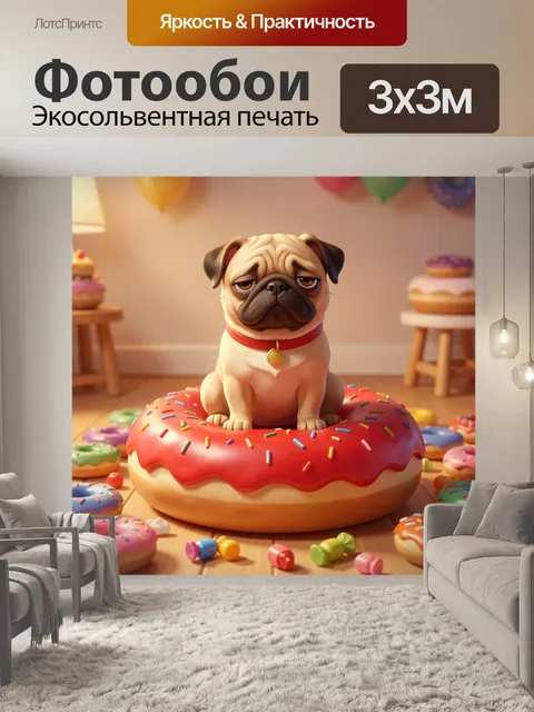 Фотообои Мопс на розовом пончике