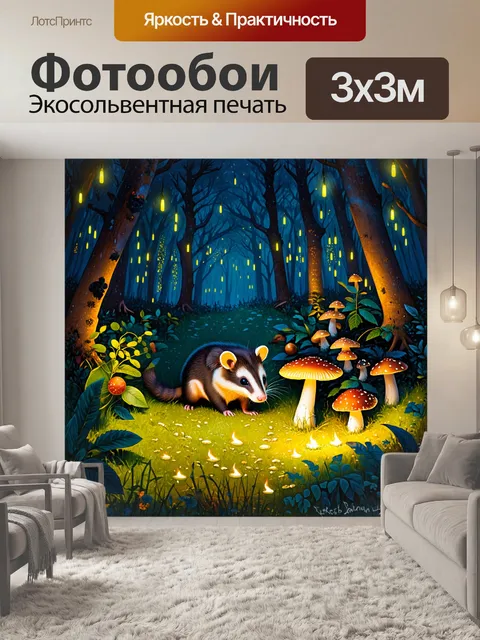 Фотообои сцена ночного леса, где опоссум изучает различные растения и грибы, освещенные светлячками