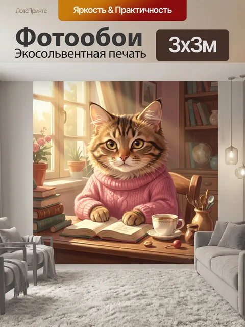 Фотообои Кот в розовом свитере за книгой