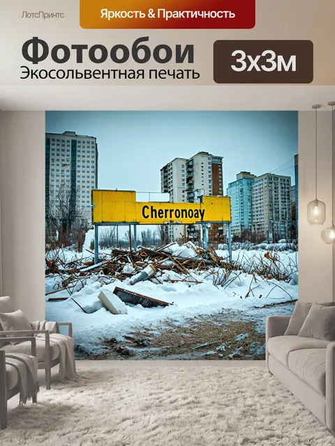 Фотообои заброшенный город чернобыль, где знак города покрыт снежным наветом, а вокруг него валяются старые предметы