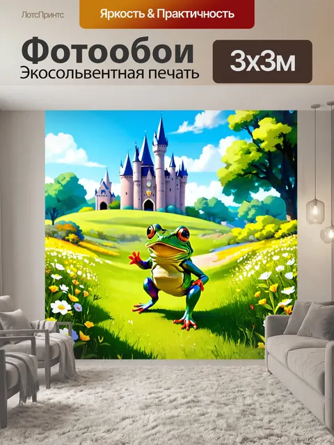 Фотообои лягушка-принц, неспешно прогуливающаяся по цветущей лужайке, на заднем плане замок с высокими башнями, в…