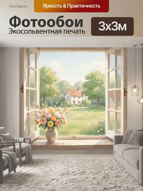 Фотообои Цветы на подоконнике с видом на дом