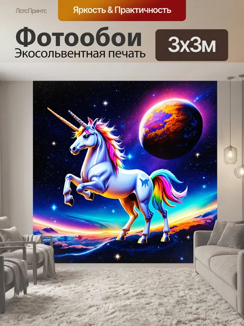 Фотообои единорог, который танцует среди звезд и планет, создавая космическую иллюзию и ощущение бесконечности