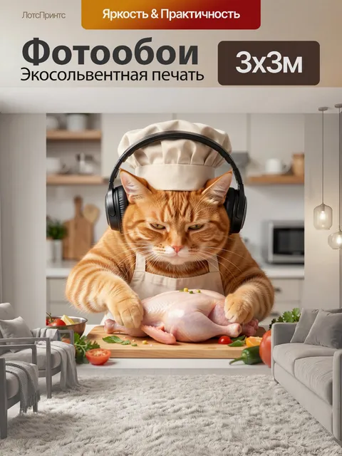 Фотообои Рыжий кот-повар с курицей
