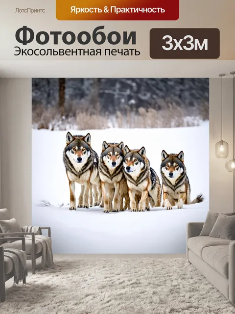 Фотообои семья волков, играющие в снегу