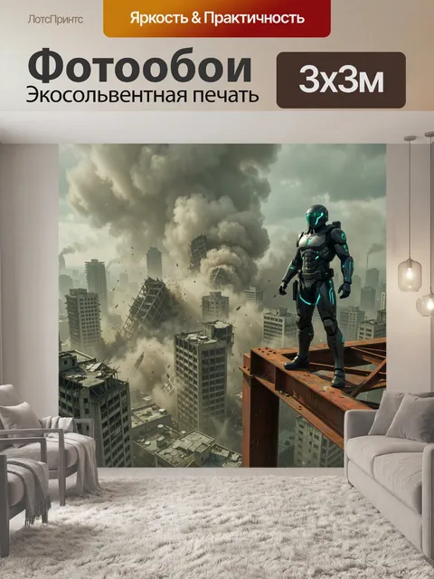 Фотообои Футуристический воин над разрушенным городом