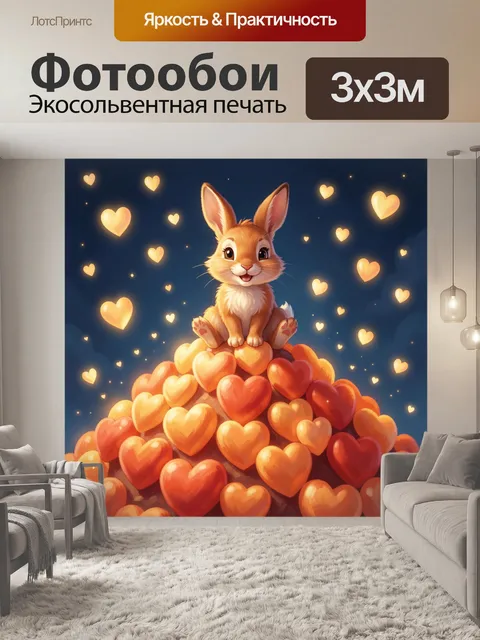 Фотообои Милый пушистый заяц с улыбкой сидит на вершине большой горы из светящихся оранжево-красных сердечек