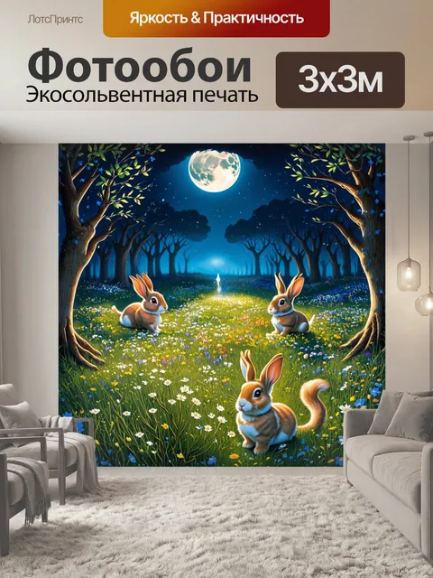 Фотообои в волшебном лесу, где луна сияет сквозь листву, стая зайцев пробегает среди цветущих полевых цветов, они…