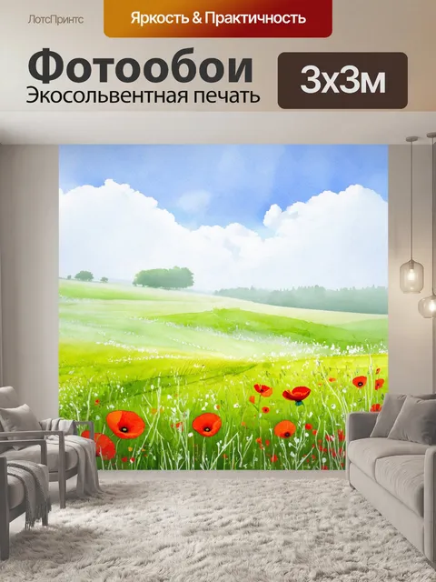 Фотообои прованс показывают поля с зелеными травами и цветущими маками, перекрывающие легкие облака