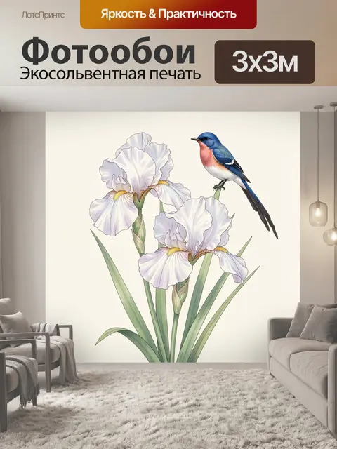 Фотообои Синяя птица у белых ирисов