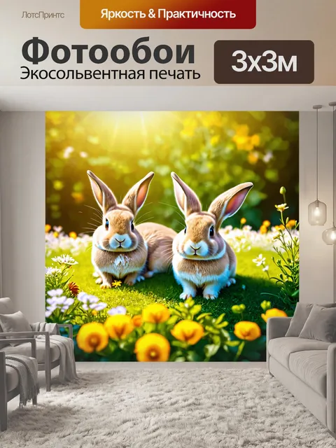 Фотообои животные в стиле иллюстрация: трогательные зайцы, отдыхающие в цветущем саду под солнечными лучами