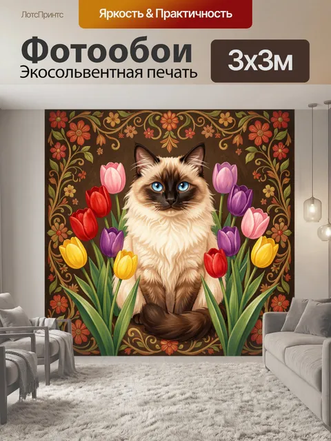 Фотообои Кот среди тюльпанов