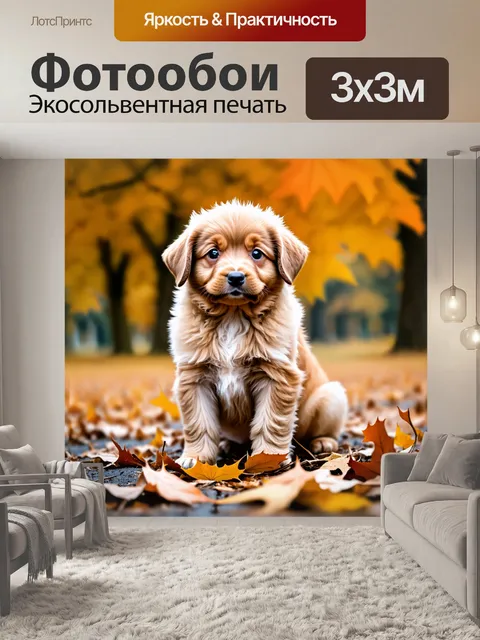 Фотообои Щенок с пушистой шерстью, светло-коричневого цвета, сидит на земле, окруженный опавшими листьями