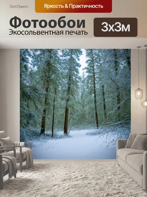 Фотообои лес с зимними снежными пейзажами и инеем на деревьях
