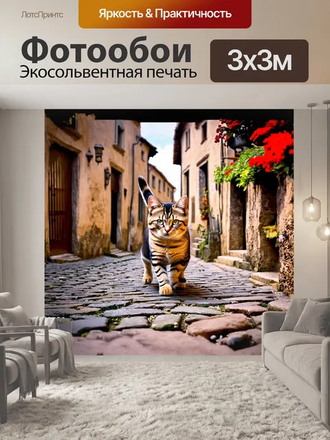 Фотообои кот с золотисто-зелеными глазами, идущий по каменной мостовой в старом городке