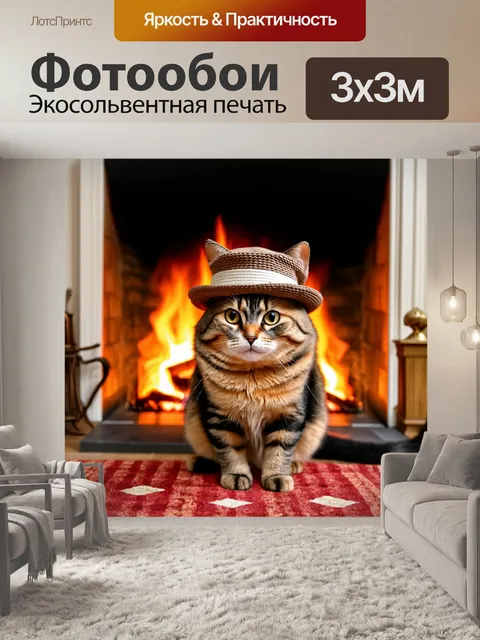 Фотообои кот в шляпе у камина