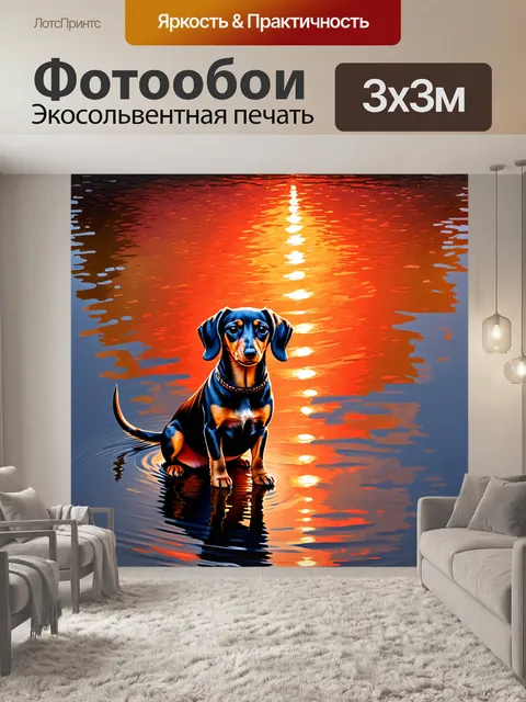 Фотообои сцена таксы, сидящей на берегу озера с закатным солнцем на горизонте, отражающимся в воде