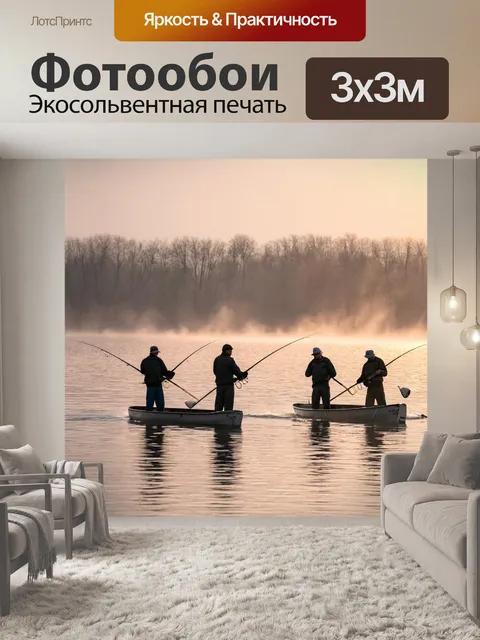 Фотообои рыбаки на озере в утреннем тумане