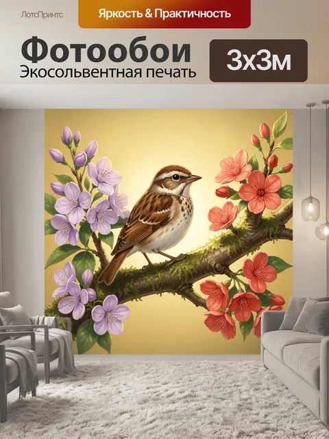 Фотообои Певчая птица на цветущей ветке