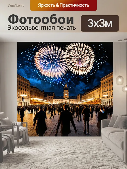 Фотообои город в стиле рисунок углём, вечерний праздник на площади с огнями и фейерверками