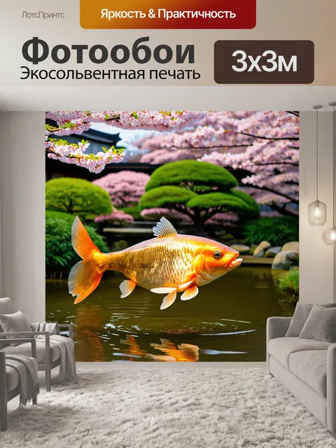 Фотообои карп на фоне японского сада с сакурами