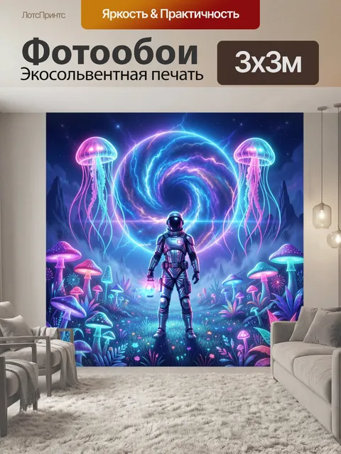 Фотообои Космонавт в неоновом инопланетном лесу