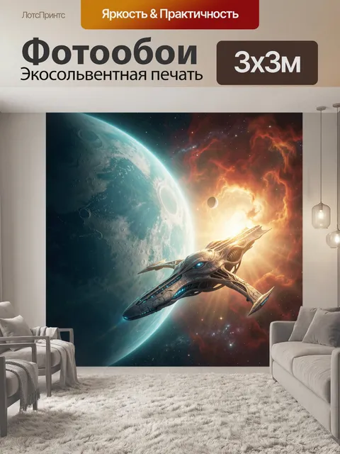 Фотообои Космический корабль у планеты