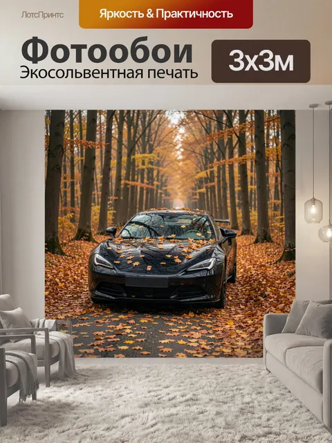 Фотообои Спортивное авто в осеннем лесу