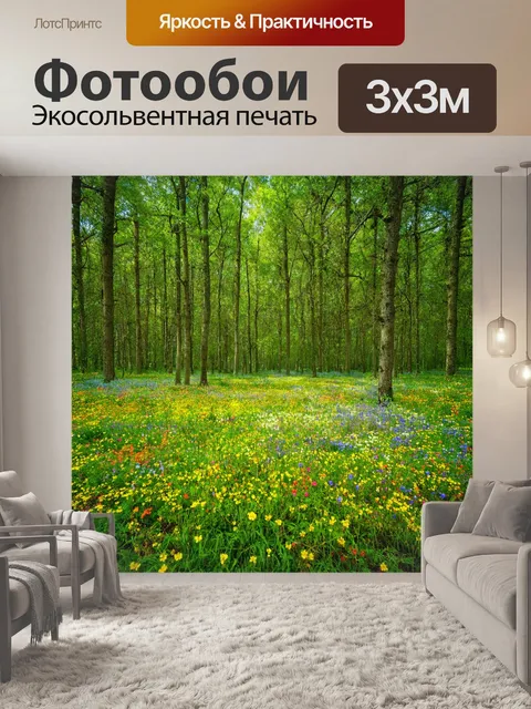 Фотообои лес с просторными полянами и яркими цветами