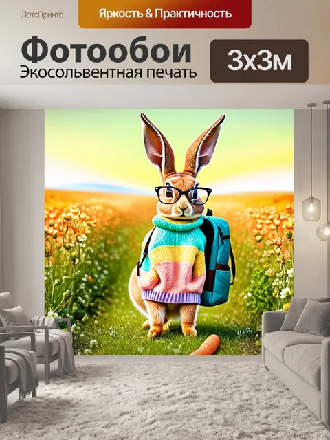 Фотообои заяц в ярком свитере и увлекательных очках, исследует цветущие поля с рюкзаком, полным морковок