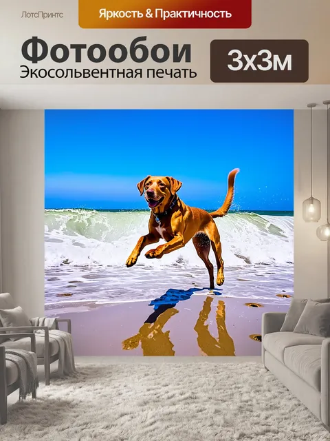 Фотообои лабрадор, радостно прыгающий по пляжу перед приближающейся волной, с ярким голубым небом на фоне