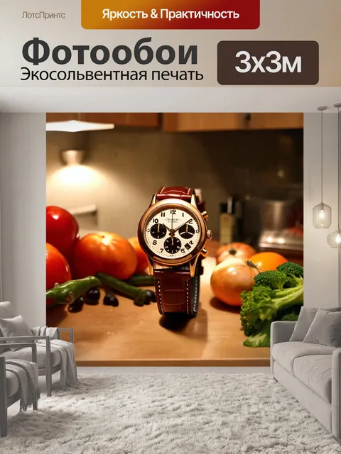 Фотообои старинные часы с украшающими элементами, на фоне уютной кухни, окруженной свежими ингридиентами