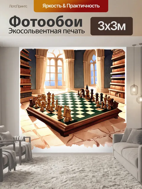 Фотообои шахматная доска в средиземноморском стиле, обложенная старинными книгам, с фигурами, выполненными из мрамора