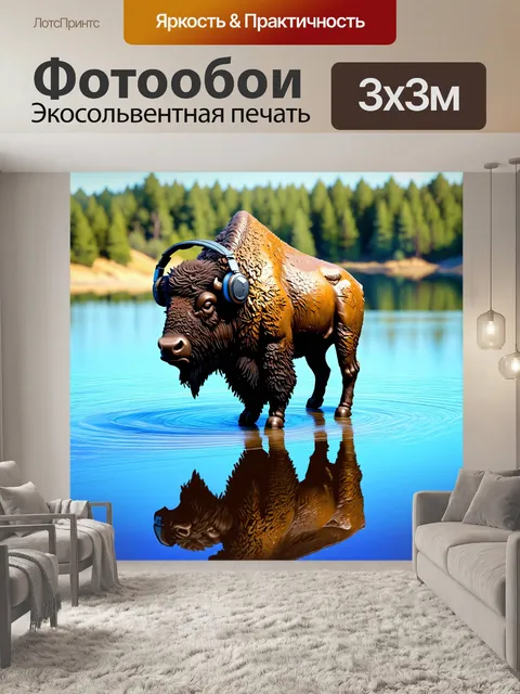 Фотообои в технике цифровой скульптуры создайте изображение бизона с наушниками
