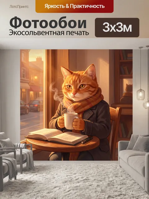 Фотообои Кот с чашкой у окна