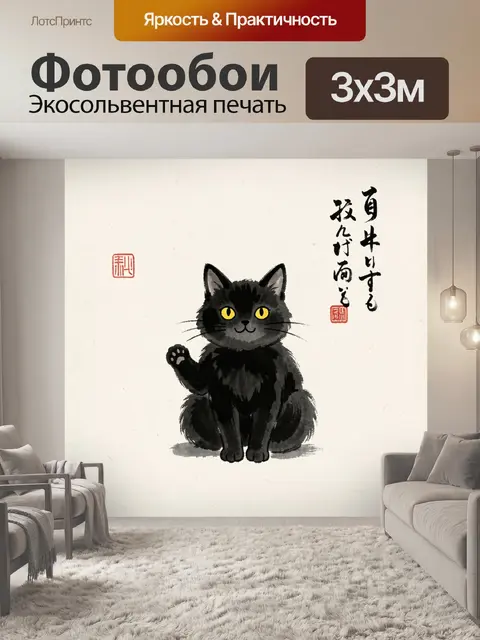 Фотообои Черный кот в японской каллиграфии