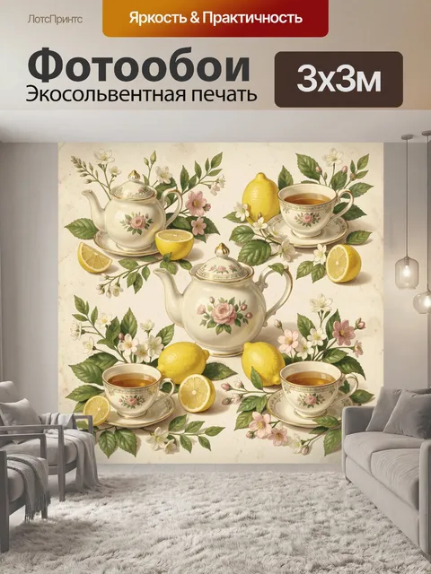 Фотообои Лимоны, чайники и цветочные ветви