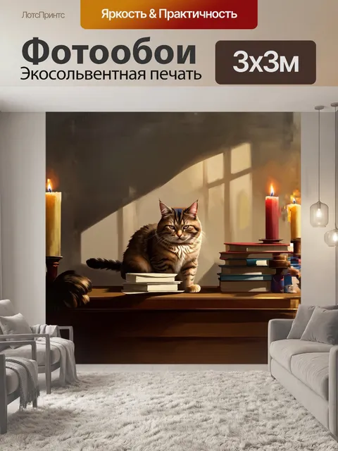 Фотообои очаровательный кот, сидящий на столе, среди книг и свечей, создает атмосферу интеллекта и уюта