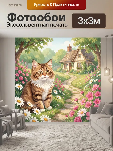 Фотообои Котенок у цветущего домика