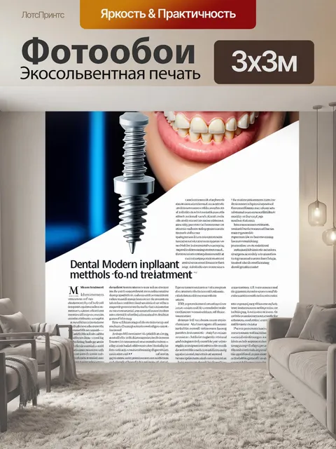Фотообои картинка зубного импланта на фоне научной статьи о современных методах лечения