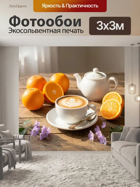 Фотообои Кофе с апельсинами и цветами