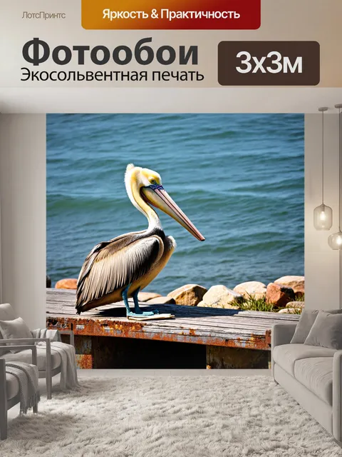 Фотообои пеликан, сидящий на старом деревянном пирсе, окруженный морскими камнями и мягкой травой, с налетом ржавчины