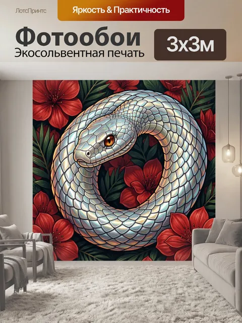 Фотообои Свернувшаяся змея среди красных цветов