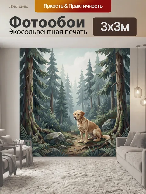 Фотообои Золотистый ретривер в хвойной чаще