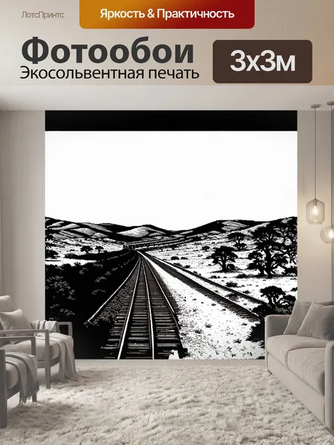 Фотообои минималистическое черно-белое изображение поезда на железной дороге