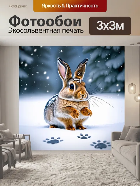 Фотообои кролик на фоне зимнего пейзажа