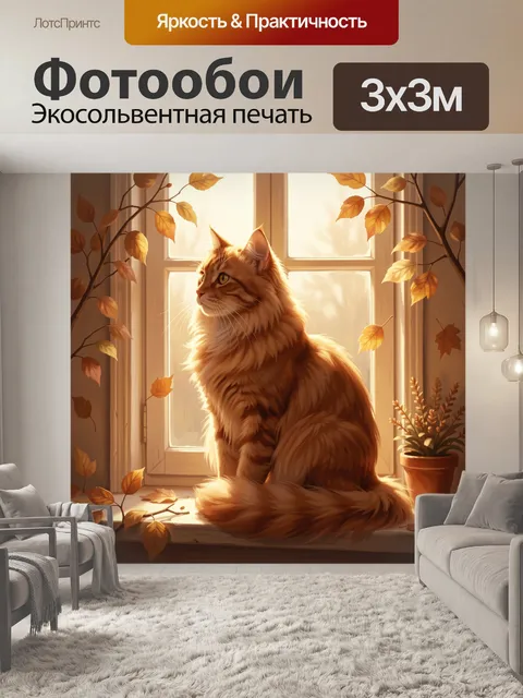 Фотообои Рыжий кот у окна осенью