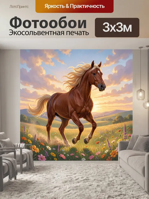 Фотообои Гнедой конь в цветущем поле